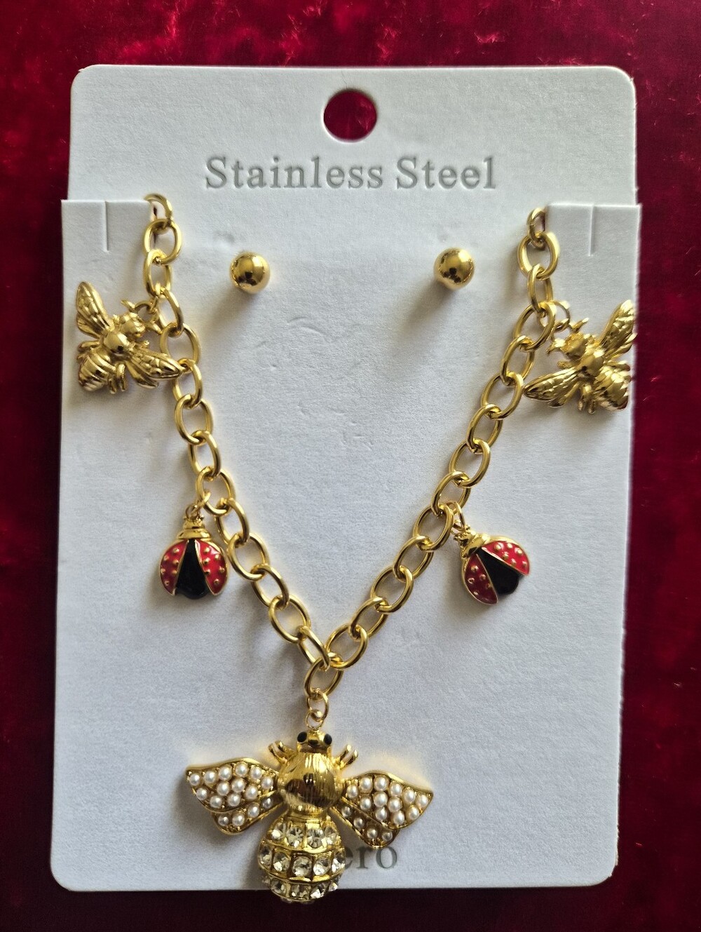 Gold Bee and Ladybug Charm Necklace Set -